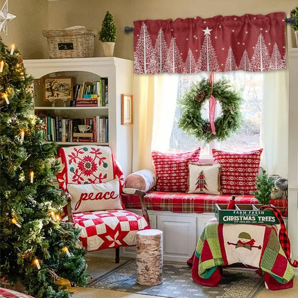 ALAGEO Christmas Tree Valances Windows Curtain Winter Snowscape Red Kitchen Valances Rod Pocket Window Treatment Short Topper Curtains for Winter Holiday Christmas Decorations 1 Panel,54 by 18 inches