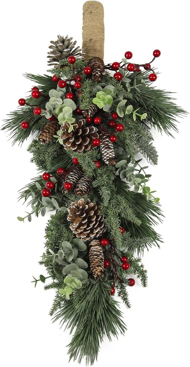 23 Inch Christmas Swag for Front Door, Artificial Christmas Teardrop Decoration with Pine Needles and Berry, Christmas Stair Swags Hanging Holiday Decor for Indoor Outdoor Window Wall