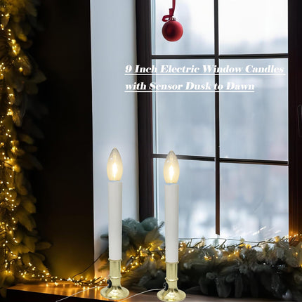 4 Pack Christmas Electric Window Candles Lights,9 Inch Electric Window Candles with Sensor Dusk to Dawn,9in Plug in Candle Lights with 0.6W LED Bulbs Brass Base for Tables, Kitchens Decor