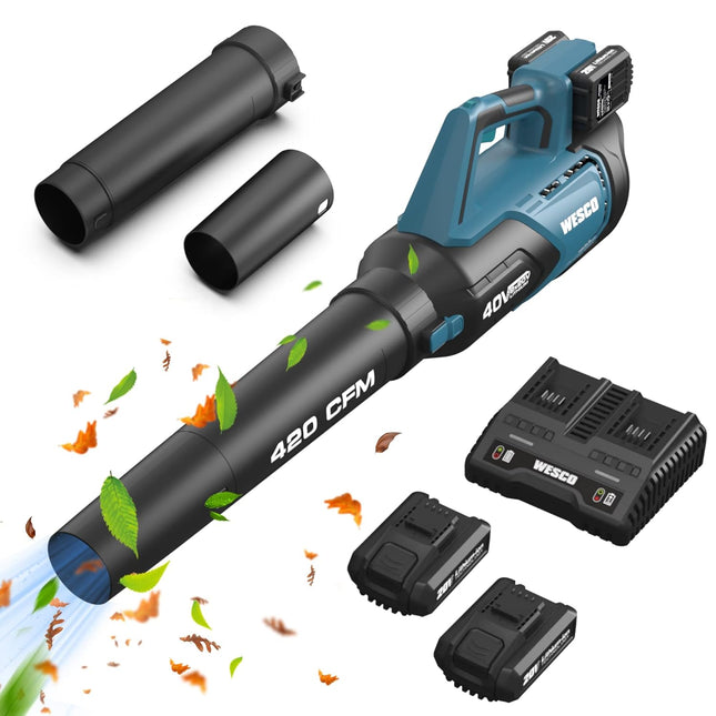 Leaf Blower，WESCO 40V Max Cordless Leaf Blower with Battery and Charger, 420 CFM, 2Pcs 2.0Ah Li-ion Battery Electric Leaf Air Blower,Charger,Handheld Sweeper for Blowing Leaves,Dust,Debris,Snow Blower