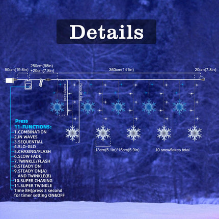 141" 155LED Twinkleb Snowflake Light, LED Snowflake Christmas Lights Indoor or Outdoor Décor for Home, Garden, Lawn (Blue and White)