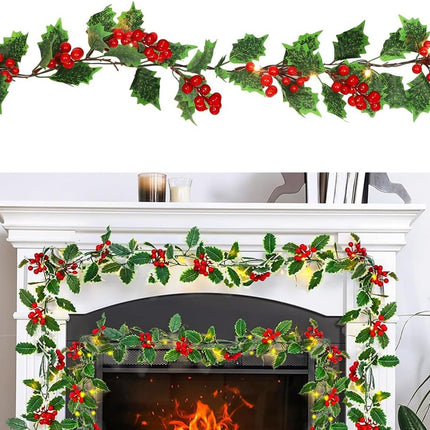 9FT Christmas Garland with Lights,Pre-lit Artificial Red Berries & Holly Leaves Lighted Garlands,Indoor Outdoor Xmas Decor,Winter Home Year Mantle Fireplace Table Decortions