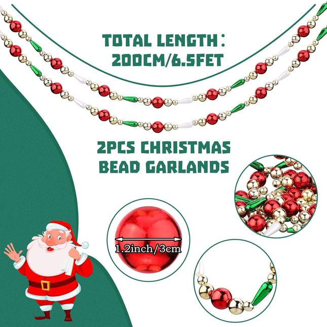 2 Pcs 6.5 Feet Christmas Garland Christmas Bead Garland Plastic Bead Christmas Tree Decor Beaded Garland for Xmas Party Supplies Holiday Favors Farmhouse Wall Staircase Fireplace Hanging Ornaments