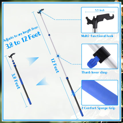 Pole for Hanging Christmas Lights, 3.8-12 FT Long Extension Pole with Utility Hook, Ladderless Telescopic Poles Christmas Outdoor String Light Installation Tool, Extend a Reach Rod Kit
