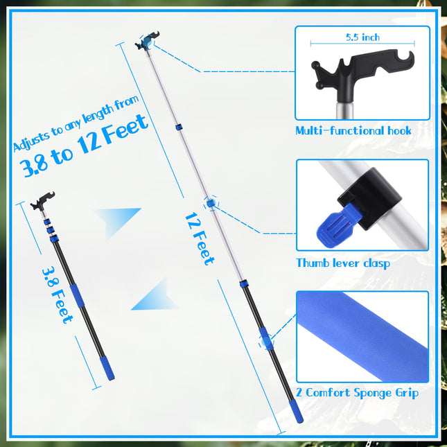 Pole for Hanging Christmas Lights, 3.8-12 FT Long Extension Pole with Utility Hook, Ladderless Telescopic Poles Christmas Outdoor String Light Installation Tool, Extend a Reach Rod Kit