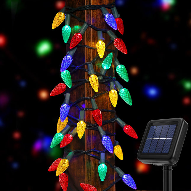 Solar Powered Christmas Lights for Outside, Solar Outdoor Xmas Lights Waterproof with 100 Count C6 Multicolored Strawberry LED String Lights for Christmas Trees House Holiday Yard Fence Decorations
