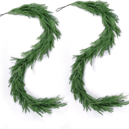 2 Pcs Christmas Norfolk Pine Garlands, Real Touch Pine Garland, Artificial Greenery Garland for Christmas Table Wall Fireplace Mantle Outdoor Decoration