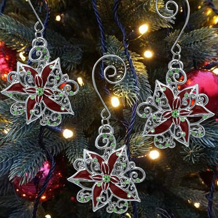 Poinsettia Christmas Ornaments - Set of 3 Silver Filigree Red and Green Jeweled Poinsettias - 2" D