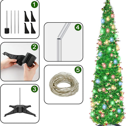 5FT Pop Up Christmas Tree with 90 LED Lights, Collapsible Christimas Tree Sled Sequins Tinsel Slim Pencil Christmas Xmas Tree for Home Holiday Fireplace Party Indoor Outdoor Decorations, Green