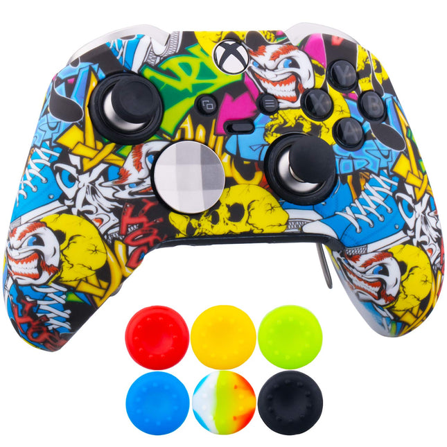 1 x Protective Customize Transfer Print Silicone Cover Skin Cartoon Skulls + 6 Thumb Grips Analog Caps for Xbox Elite Wireless Controller Compatible with Official Stereo Headset Adapter