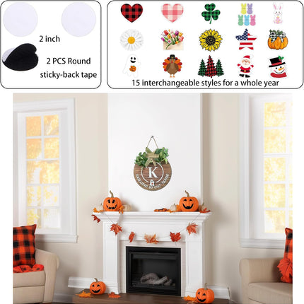 Initial Interchangeable Seasonal Welcome Sign for Front Door Last Name Letter K Front Door Wreath Rustic Home Decor with 15 Changeable Icons for All Seasons Holiday Fall Halloween Christmas Decor