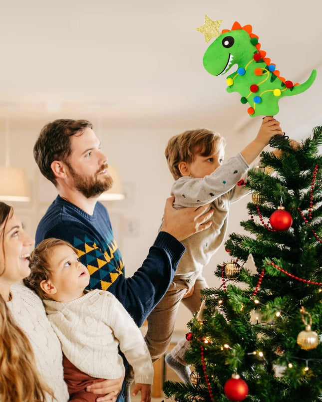 Dinosaur Christmas Tree Topper with Stand and Glitter Star Handmade T-rex Green Dinosaur Xmas Tree Ornament Winter Holidays Home Decorations Wreath Festive Kids Ideas Supplies
