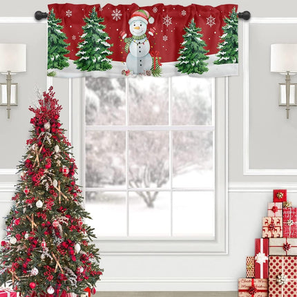 ALAGEO Christmas Snowman Valances Windows Curtain Xmas Tree Kitchen Valances Rod Pocket White Snowflake Red Background Short Topper Curtains for Holiday Christmas Decorations 1 Panel,54 by 18 inches