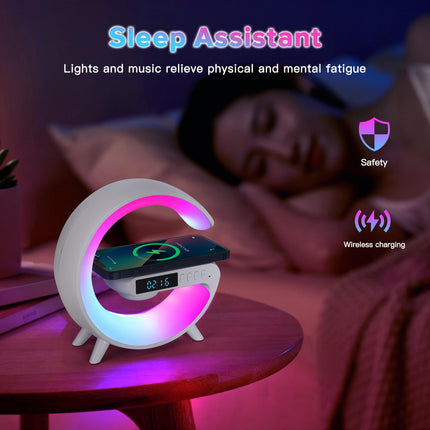 Mini Wireless Speaker Lamp with Alarm Clock, Wireless Charging, Atmosphere Light, Bedside Table Lamp s (White)
