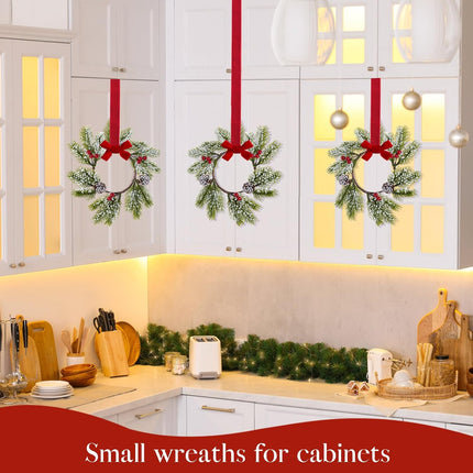 Christmas Candle Rings-4pcs Mini Small Christmas Wreaths for Kitchen Cabinets- Frosted Cedar Christmas Candle Rings Wreaths for Pillars/Window/Chair Wall-Christmas Table Centerpieces Decorations
