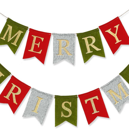 AnyDesign Christmas Banner Glitter Merry Christmas Felt Banner Pre-Assembled Holiday Bunting Garland for Christmas Party Supplies Home Office Farmhouse Front Door Fireplace Mantel Wall Decorations