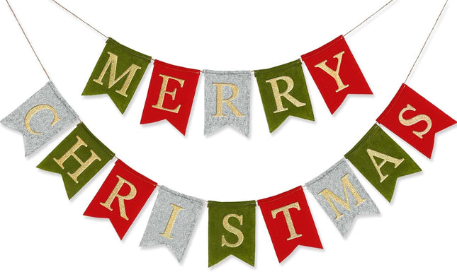 AnyDesign Christmas Banner Glitter Merry Christmas Felt Banner Pre-Assembled Holiday Bunting Garland for Christmas Party Supplies Home Office Farmhouse Front Door Fireplace Mantel Wall Decorations