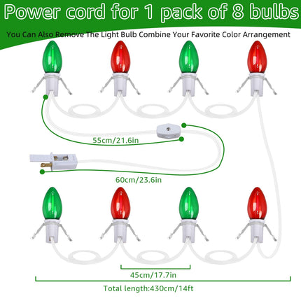 Christmas Village Lights - Blow Molded Light Cord,with 8 LED Red & Green Bulbs,14 ft Long with Switches C7 LED Light String is Suitable for Christmas House Lights and Holiday Craft Decorations