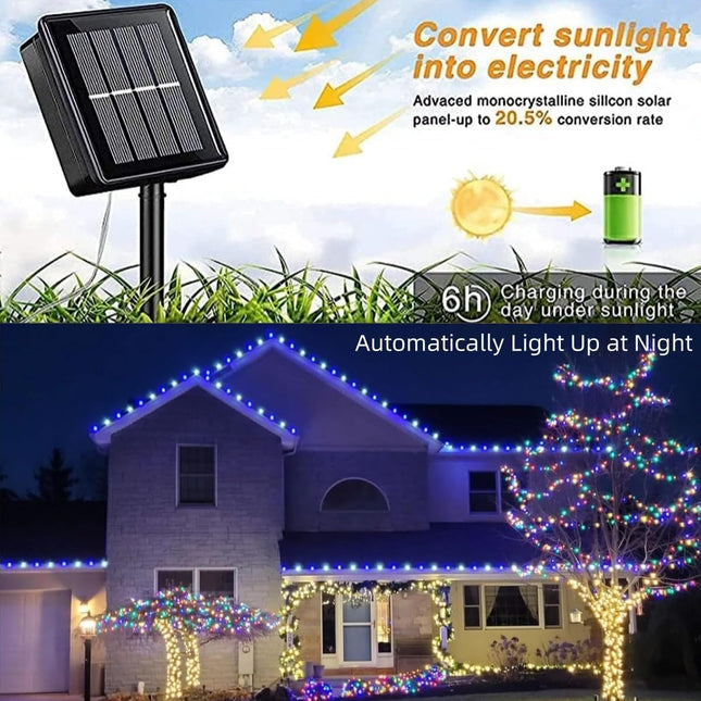 QITONG 4 Pack Blue and White Solar Fairy Lights, Each 33ft 100 LED Solar Christmas Lights, 8 Modes Silver Wire Solar Outdoor String Lights
