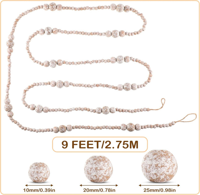 Ceenna 2 Pcs 18 ft Christmas Wood Bead Garland without Tassels 9ft Wooden Beads Garland Rustic Farmhouse Beads Boho Beaded Garland Decor Wooden Bead Garland Decor for Home Boho Decor (White Frost)