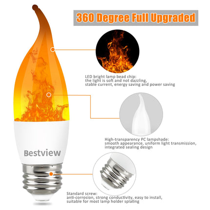 Bestview LED Flame Effect Light Bulbs,3 Modes Smart E26 Chandelier Base Flickering Candle Fire Light Bulb for Halloween, Christmas, Party, Porch, Indoor&Outdoor Home Decoration (6 Pack)