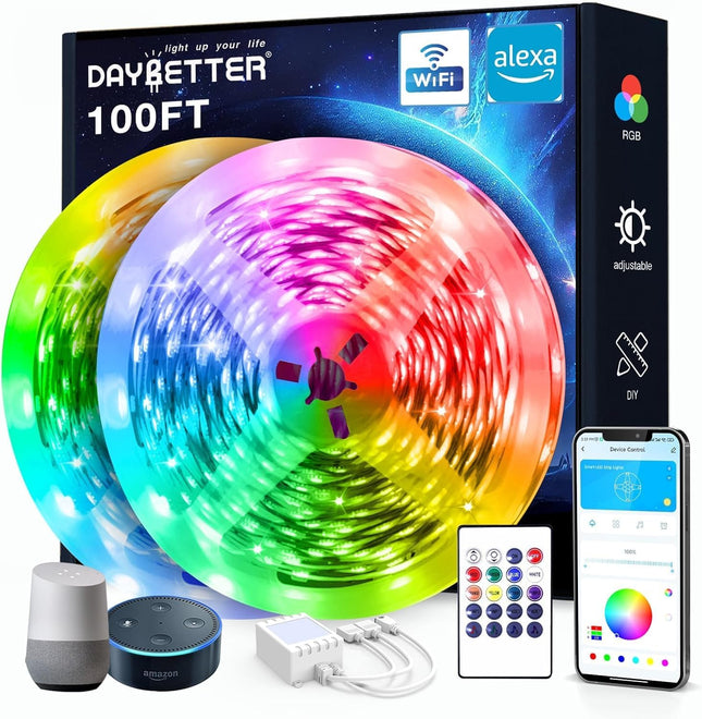 DAYBETTER 100 ft Smart WiFi Led Lights, Led Strip Lights Work with Alexa and Google Assistant, App Voice Remote Control Music Sync Color Changing RGB Strip Lighting for Bedroom Room Decor, 50 ft 2