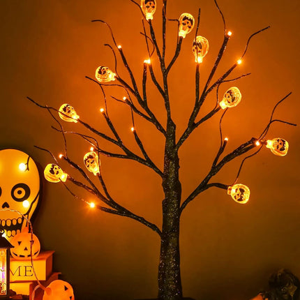 2Pack Halloween Tree, Black Spooky Tree with 24LED Orange Lights and 10 Pumpkin Ornaments Battery Powered 18IN Lighted Halloween Bonsai Tree for Indoor Tabletop Halloween Party Decoration