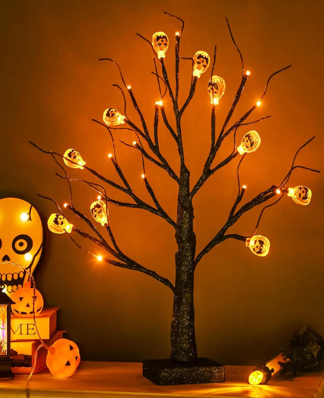 2Pack Halloween Tree, Black Spooky Tree with 24LED Orange Lights and 10 Pumpkin Ornaments Battery Powered 18IN Lighted Halloween Bonsai Tree for Indoor Tabletop Halloween Party Decoration