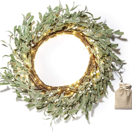 LampLust Christmas Wreaths for Front Door, 20 Inch Flocked Mistletoe Wreath with Pearly White Berries, 75 LED Lights, Timer, Battery Powered, Farmhouse Wreath, Christmas Decorations Holiday Decor
