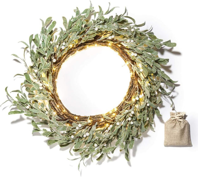 LampLust Christmas Wreaths for Front Door, 20 Inch Flocked Mistletoe Wreath with Pearly White Berries, 75 LED Lights, Timer, Battery Powered, Farmhouse Wreath, Christmas Decorations Holiday Decor