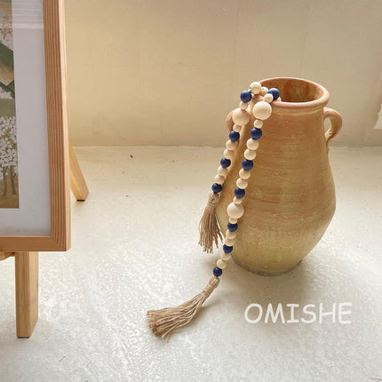 OMISHE Wood Bead Garland with Tassels 61 Inches, Wooden Beads Garland, Boho Home Decor, Decorative Beads Garland Decor, Farmhouse Beads Garland for Tiered Tray Decor Navy Blue