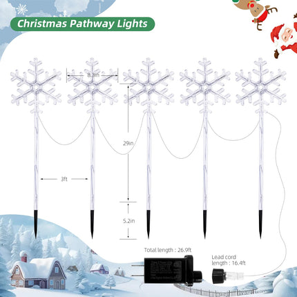 5 Pack Plug in Christmas Snowflake Pathway Lights Outdoor Decorations with Timer, 8 Modes White Lighted Xmas Waterproof Led Garden Stake Lights for Walkway Yard Lawn Porch Holiday Decor