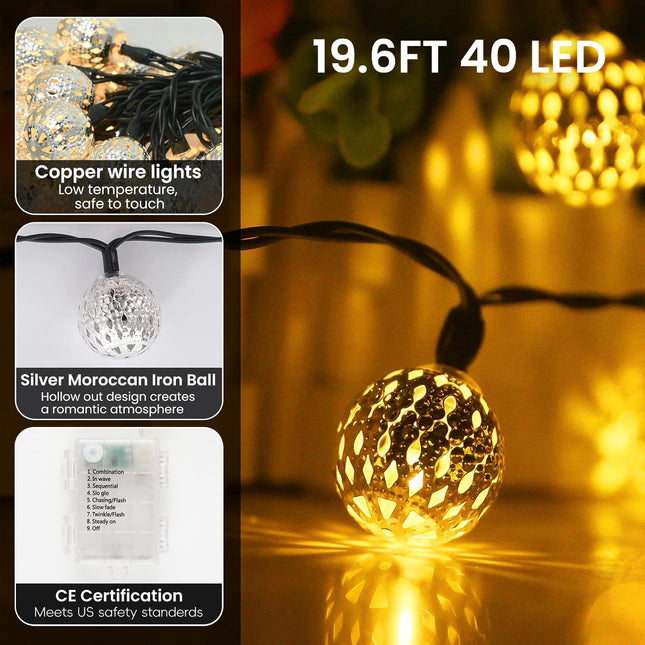 String Lights Indoor 40 LED Moroccan Fairy Lights Battery Operated with 8 Modes Outdoor String Lights Waterproof Globe String Lights for Home Patio Wedding Diwali Christmas Decor, Warm White