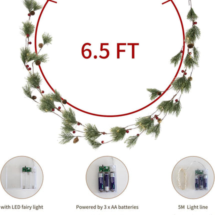 Christmas Garlands with Lights 6.5 Feet Christmas Garland for Mantle Realistic Pine Garland with Pine Cone and Red Berries for Year Indoor Outdoor Ornaments