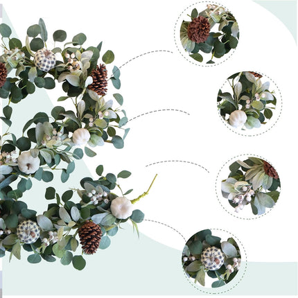 TEMPUS White Pumkin Garland 5.9Ft Artificial Eucalyptus Garland with Pumpkins Pine Cones Lamb Ear Leaves Garland for Wedding Arch Backdrop Thanksgiving Table Farmhouse Decor