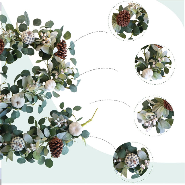 TEMPUS White Pumkin Garland 5.9Ft Artificial Eucalyptus Garland with Pumpkins Pine Cones Lamb Ear Leaves Garland for Wedding Arch Backdrop Thanksgiving Table Farmhouse Decor