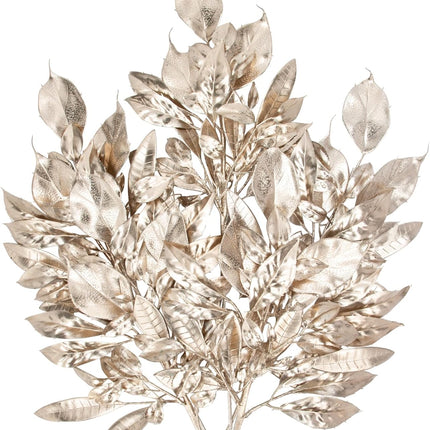 5 Pcs Fake Leaves Plants for Christmas Decor 20 Inch Metallic Gold Artificial Magnolia and Bay Leaves Faux Tropical Leaves with Stems for Holiday Decor Christmas Mantle Garland Wreath - Champagne