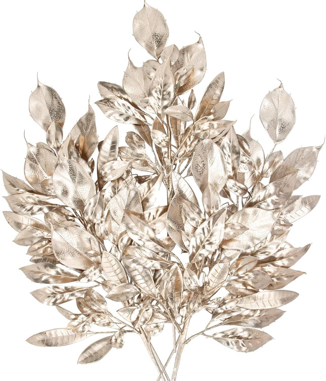 5 Pcs Fake Leaves Plants for Christmas Decor 20 Inch Metallic Gold Artificial Magnolia and Bay Leaves Faux Tropical Leaves with Stems for Holiday Decor Christmas Mantle Garland Wreath - Champagne