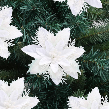 Poinsettia Christmas Decorations Flowers - 12Pcs Artificial Red Gold Poinsettia Christmas Tree Ornaments Glittery for Xmas Year Wedding Party Wreath DIY Garland Decor (White)