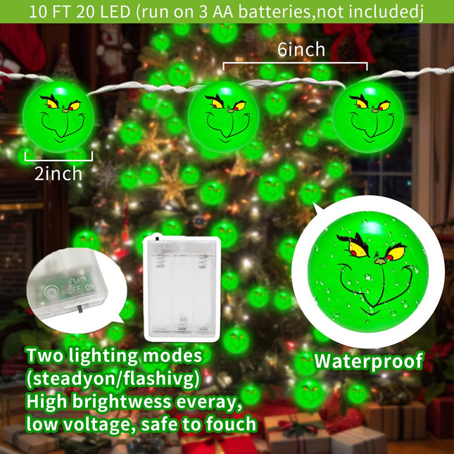 20 LED 10 Ft Grinech Christmas Lights,Battery Operated Christmas String Lights,Green Monster Christmas Decorations for Tree Home Garden Indoor Outdoor Decor,Home Party Favors