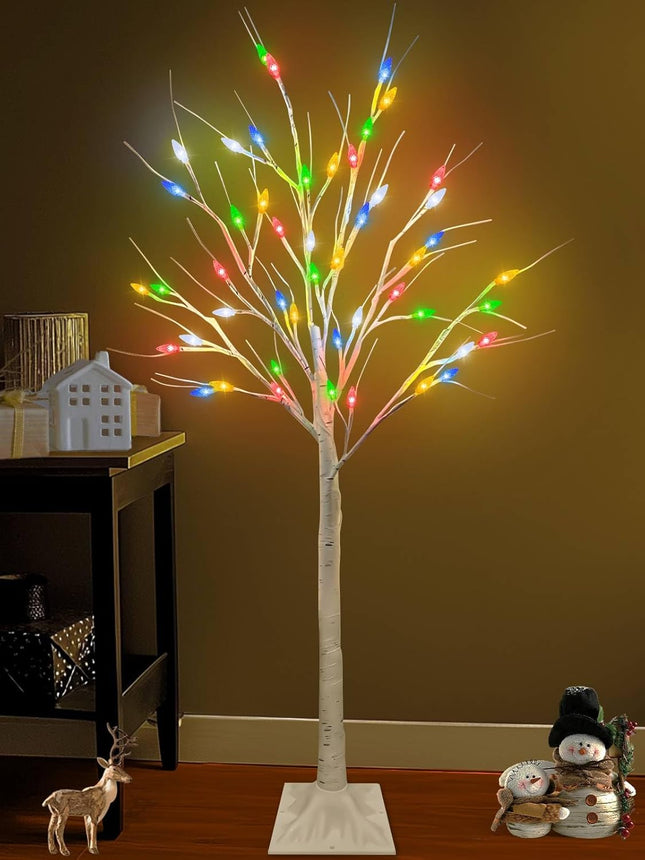 TURNMEON Artificial Christmas Tree, 4 Ft Lighted Birches Tree, Prelit 48 Multicolor Lights, White Twig Adjustable Branches, Waterproof, Xmas Decor for Indoor Outdoor Use, Party Fireplace Wedding Home