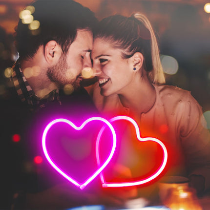 2-Pack Heart Neon Sign, Neon Heart Lights Battery Operated or USB Powered Decoration Lamp, LED Wall Decoration Lights for Bedroom Girl's Room Home Birthday Party Wedding Christmas Décor (Pink & Red)