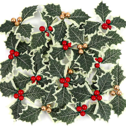 BigOtters Artificial Holly Berries with Green Leaves, 24PCS Gold and Red Holly Berry Flower with Leaves for Christmas Wreath Arrangement Cake Toppers Craft Wedding Party Home Decorations