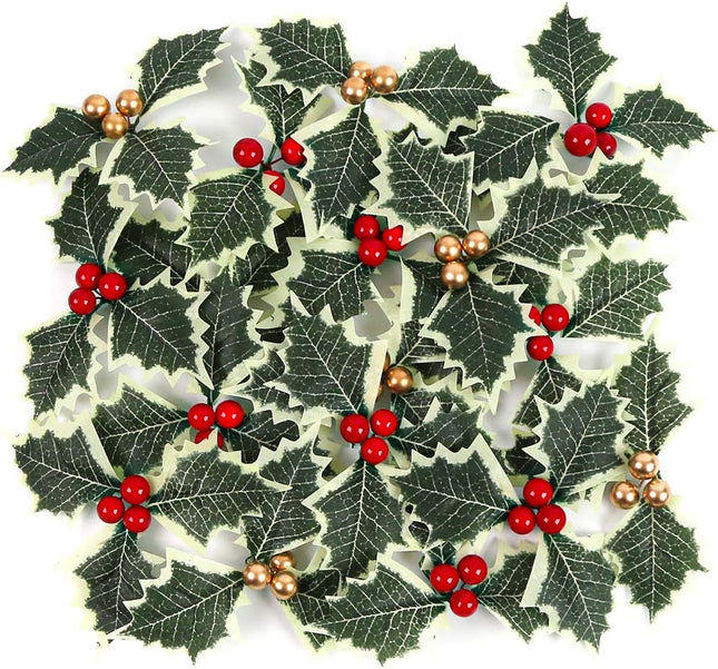 BigOtters Artificial Holly Berries with Green Leaves, 24PCS Gold and Red Holly Berry Flower with Leaves for Christmas Wreath Arrangement Cake Toppers Craft Wedding Party Home Decorations