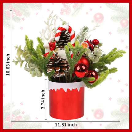 Mini Christmas Tree, Mini Tabletop Christmas Tree Decor for Desk Bedroom Office Home Small Christmas Decorations with Red Christmas Ball Santa Figure Pine Cones for Holiday