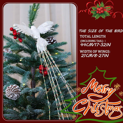 2 Pack Christmas Tree Ornaments Set White Silver Artificial Glitter Birds for Xmas Tree Garland Wreath Decoration for Home Holiday Wedding Party Decor 16.5 inch Bird Long Tail