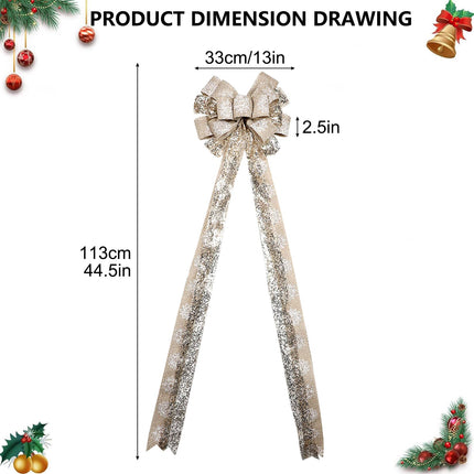 Christmas Tree Topper, 44.5 x 13 Inches Handmade Christmas Tree Topper Bow with Snowflake Large Champagne Bow with Wired Edge for Holiday Indoor & Outdoor Decoration