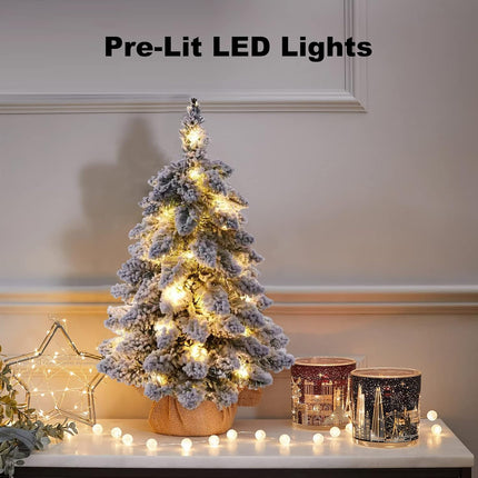 Small Christmas Tree with Lights, Prelit Mini Artificial Christmas Tree for Tabletop Decorations, Snow Flocked, Battery Operated Table Xmas Tree for Bedroom, Office, Small Spaces, 18 inch