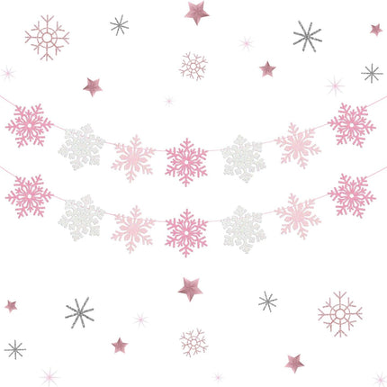 2 Pack Snowflake Banner Garland Ornaments Decorations Pink & White for Christmas Party Girls Winter Wonderland Birthday Baby Shower, Holiday Home Table Decor