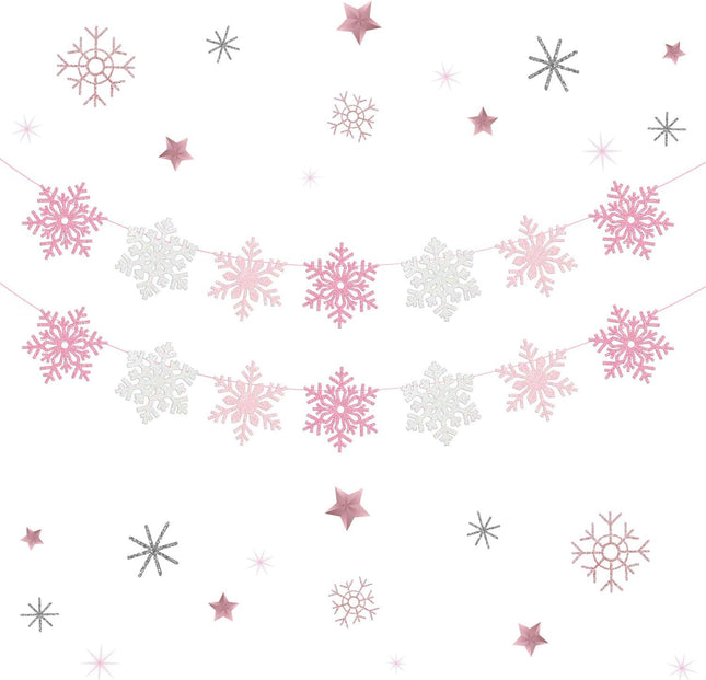 2 Pack Snowflake Banner Garland Ornaments Decorations Pink & White for Christmas Party Girls Winter Wonderland Birthday Baby Shower, Holiday Home Table Decor